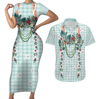 Turquoise Hawaiian Palaka Couples Matching Short Sleeve Bodycon Dress and Hawaiian Shirt Kukui Nut Money Lei LT9 Turquoise - Polynesian Pride