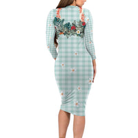 Turquoise Hawaiian Palaka Family Matching Long Sleeve Bodycon Dress and Hawaiian Shirt Kukui Nut Money Lei LT9 - Polynesian Pride