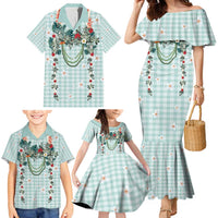 Turquoise Hawaiian Palaka Family Matching Mermaid Dress and Hawaiian Shirt Kukui Nut Money Lei LT9 - Polynesian Pride