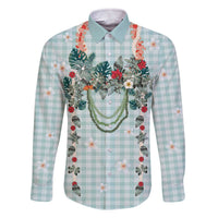 Turquoise Hawaiian Palaka Family Matching Off The Shoulder Long Sleeve Dress and Hawaiian Shirt Kukui Nut Money Lei LT9 Dad's Shirt - Long Sleeve Turquoise - Polynesian Pride