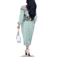 Turquoise Hawaiian Palaka Family Matching Off The Shoulder Long Sleeve Dress and Hawaiian Shirt Kukui Nut Money Lei LT9 - Polynesian Pride