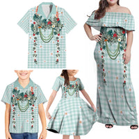 Turquoise Hawaiian Palaka Family Matching Off Shoulder Maxi Dress and Hawaiian Shirt Kukui Nut Money Lei LT9 - Polynesian Pride