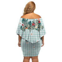 Turquoise Hawaiian Palaka Off Shoulder Short Dress Kukui Nut Money Lei - Polynesian Pride