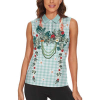 Turquoise Hawaiian Palaka Women Sleeveless Polo Shirt Kukui Nut Money Lei - Polynesian Pride
