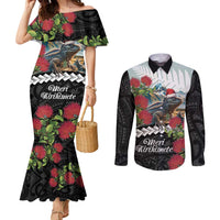 Meri Kirihimete Tuatara Couples Matching Mermaid Dress and Long Sleeve Button Shirt New Zealand Fern with Puhutukawa Flowers LT9 Green - Polynesian Pride