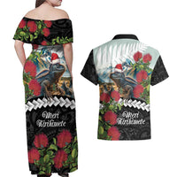 Meri Kirihimete Tuatara Couples Matching Off Shoulder Maxi Dress and Hawaiian Shirt New Zealand Fern with Puhutukawa Flowers LT9 - Polynesian Pride