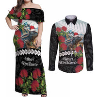 Meri Kirihimete Tuatara Couples Matching Off Shoulder Maxi Dress and Long Sleeve Button Shirt New Zealand Fern with Puhutukawa Flowers LT9 Green - Polynesian Pride
