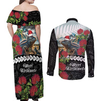 Meri Kirihimete Tuatara Couples Matching Off Shoulder Maxi Dress and Long Sleeve Button Shirt New Zealand Fern with Puhutukawa Flowers LT9 - Polynesian Pride