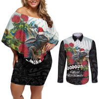Meri Kirihimete Tuatara Couples Matching Off Shoulder Short Dress and Long Sleeve Button Shirt New Zealand Fern with Puhutukawa Flowers LT9 Green - Polynesian Pride