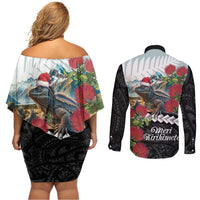 Meri Kirihimete Tuatara Couples Matching Off Shoulder Short Dress and Long Sleeve Button Shirt New Zealand Fern with Puhutukawa Flowers LT9 - Polynesian Pride