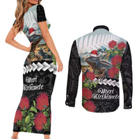 Meri Kirihimete Tuatara Couples Matching Short Sleeve Bodycon Dress and Long Sleeve Button Shirt New Zealand Fern with Puhutukawa Flowers LT9 - Polynesian Pride