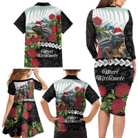 Meri Kirihimete Tuatara Family Matching Long Sleeve Bodycon Dress and Hawaiian Shirt New Zealand Fern with Puhutukawa Flowers LT9 - Polynesian Pride