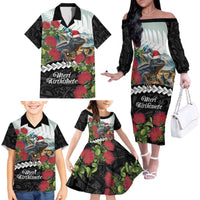 Meri Kirihimete Tuatara Family Matching Off The Shoulder Long Sleeve Dress and Hawaiian Shirt New Zealand Fern with Puhutukawa Flowers LT9 - Polynesian Pride