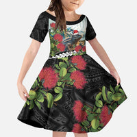 Meri Kirihimete Tuatara Family Matching Off Shoulder Maxi Dress and Hawaiian Shirt New Zealand Fern with Puhutukawa Flowers LT9 Daughter's Dress Green - Polynesian Pride