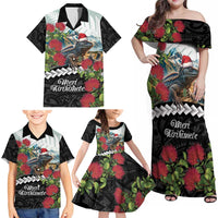 Meri Kirihimete Tuatara Family Matching Off Shoulder Maxi Dress and Hawaiian Shirt New Zealand Fern with Puhutukawa Flowers LT9 - Polynesian Pride