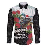 Meri Kirihimete Tuatara Family Matching Off Shoulder Maxi Dress and Hawaiian Shirt New Zealand Fern with Puhutukawa Flowers LT9 Dad's Shirt - Long Sleeve Green - Polynesian Pride