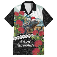 Meri Kirihimete Tuatara Family Matching Puletasi and Hawaiian Shirt New Zealand Fern with Puhutukawa Flowers LT9 Dad's Shirt - Short Sleeve Green - Polynesian Pride