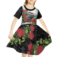 Meri Kirihimete Tuatara Kid Short Sleeve Dress New Zealand Fern with Puhutukawa Flowers LT9 - Polynesian Pride