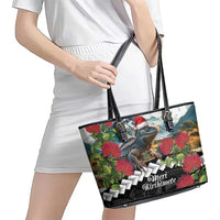 Meri Kirihimete Tuatara Leather Tote Bag New Zealand Fern with Puhutukawa Flowers LT9 - Polynesian Pride