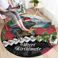 Meri Kirihimete Tuatara Round Carpet New Zealand Fern with Puhutukawa Flowers LT9 - Polynesian Pride