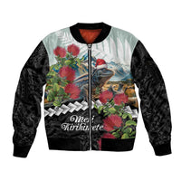 Meri Kirihimete Tuatara Sleeve Zip Bomber Jacket New Zealand Fern with Puhutukawa Flowers LT9 Unisex Green - Polynesian Pride