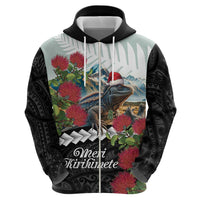 Meri Kirihimete Tuatara Zip Hoodie New Zealand Fern with Puhutukawa Flowers LT9 - Polynesian Pride