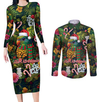 Meri Kirihimete Kakapo Santa Couples Matching Long Sleeve Bodycon Dress and Long Sleeve Button Shirt Merry Christmas with Tropical Vibe LT9 Green - Polynesian Pride