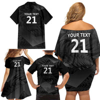 New Zealand Cricket Custom Family Matching Off Shoulder Short Dress and Hawaiian Shirt Potae Pango Black Fern Pattern LT9 - Polynesian Pride