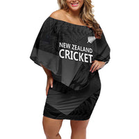 New Zealand Cricket Custom Family Matching Off Shoulder Short Dress and Hawaiian Shirt Potae Pango Black Fern Pattern LT9 Mom's Dress Black - Polynesian Pride