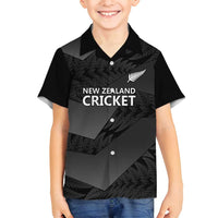 New Zealand Cricket Custom Family Matching Off Shoulder Short Dress and Hawaiian Shirt Potae Pango Black Fern Pattern LT9 Son's Shirt Black - Polynesian Pride