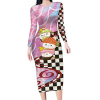 Personalized Japanese Kawaii Sushi Roll Long Sleeve Bodycon Dress Wagara Palaka Pattern LT9 Long Dress Pink - Polynesian Pride