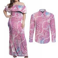 Japanese Koi Fish Couples Matching Off Shoulder Maxi Dress and Long Sleeve Button Shirt Pink Wagara Palaka Honohono Pikake Lei