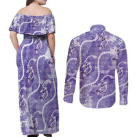Japanese Koi Fish Couples Matching Off Shoulder Maxi Dress and Long Sleeve Button Shirt Purple Wagara Palaka Honohono Pikake Lei LT9 - Polynesian Pride