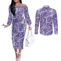 Japanese Koi Fish Couples Matching Off The Shoulder Long Sleeve Dress and Long Sleeve Button Shirt Purple Wagara Palaka Honohono Pikake Lei LT9 Purple - Polynesian Pride