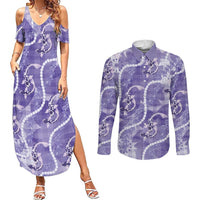 Japanese Koi Fish Couples Matching Summer Maxi Dress and Long Sleeve Button Shirt Purple Wagara Palaka Honohono Pikake Lei LT9 Purple - Polynesian Pride