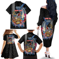 Personalized Japanese Koi Fish Ramen Family Matching Off The Shoulder Long Sleeve Dress and Hawaiian Shirt Aloha Shark Kakau Pattern LT9 - Polynesian Pride