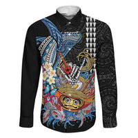 Personalized Japanese Koi Fish Ramen Family Matching Off The Shoulder Long Sleeve Dress and Hawaiian Shirt Aloha Shark Kakau Pattern LT9 Dad's Shirt - Long Sleeve Black - Polynesian Pride