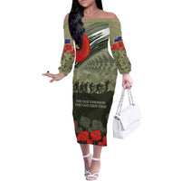 ANZAC Day We Remember Family Matching Off The Shoulder Long Sleeve Dress and Hawaiian Shirt Maori Silver Fern Camouflage Motif LT9 Mom's Dress Green - Polynesian Pride