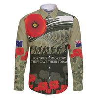 ANZAC Day We Remember Family Matching Tank Maxi Dress and Hawaiian Shirt Maori Silver Fern Camouflage Motif LT9 Dad's Shirt - Long Sleeve Green - Polynesian Pride