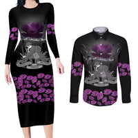 ANZAC Day Remembrance Couples Matching Long Sleeve Bodycon Dress and Long Sleeve Button Shirt Purple Poppy We Will Remember Them