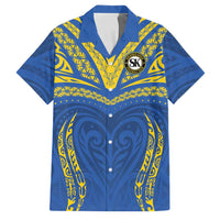 Custom Oceania Football Solomon Kings Family Matching Off The Shoulder Long Sleeve Dress and Hawaiian Shirt Polynesian Tribal Pattern LT9 Dad's Shirt - Short Sleeve Blue - Polynesian Pride