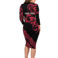 All Black Maori Tribal Tattoo Personalised Family Matching Long Sleeve Bodycon Dress and Hawaiian Shirt Classic Red Polynesian Style LT9 - Polynesian Pride