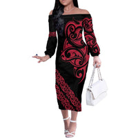 All Black Maori Tribal Tattoo Personalised Family Matching Off The Shoulder Long Sleeve Dress and Hawaiian Shirt Classic Red Polynesian Style LT9 Mom's Dress Red - Polynesian Pride