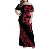 All Black Maori Tribal Tattoo Personalised Family Matching Off Shoulder Maxi Dress and Hawaiian Shirt Classic Red Polynesian Style LT9 Mom's Dress Red - Polynesian Pride