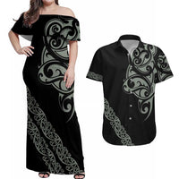 All Black Maori Tribal Tattoo Personalised Couples Matching Off Shoulder Maxi Dress and Hawaiian Shirt Moss Green Polynesian Style - Polynesian Pride
