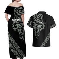 All Black Maori Tribal Tattoo Personalised Couples Matching Off Shoulder Maxi Dress and Hawaiian Shirt Moss Green Polynesian Style - Polynesian Pride