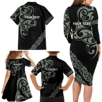 All Black Maori Tribal Tattoo Personalised Family Matching Long Sleeve Bodycon Dress and Hawaiian Shirt Moss Green Polynesian Style LT9 - Polynesian Pride