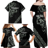 All Black Maori Tribal Tattoo Personalised Family Matching Off Shoulder Maxi Dress and Hawaiian Shirt Moss Green Polynesian Style LT9 - Polynesian Pride