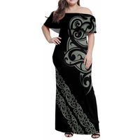 All Black Maori Tribal Tattoo Personalised Family Matching Off Shoulder Maxi Dress and Hawaiian Shirt Moss Green Polynesian Style LT9 Mom's Dress Green - Polynesian Pride