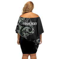 All Black Maori Tribal Tattoo Personalised Family Matching Off Shoulder Short Dress and Hawaiian Shirt Moss Green Polynesian Style LT9 - Polynesian Pride
